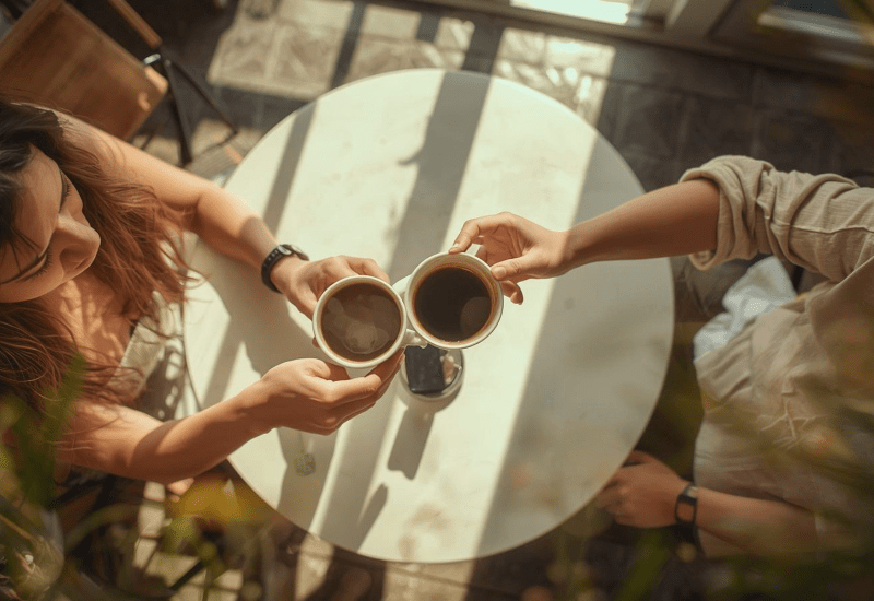 Two people sharing coffee at a small table, illustrating how to connect with people through everyday conversation and presence